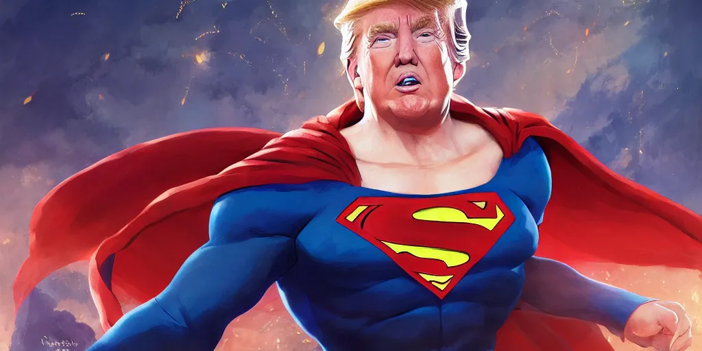 Image similar to donald trump as superman, studio portrait, detailed face, art by makoto shinkai, studio ghibli, greg rutkowski, wlop, artgerm, highly detailed, 4 k, digital art, high quality