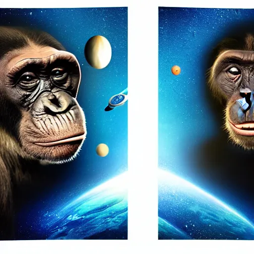 Image similar to double exposure portrait split in the middle, showcasing one astronaut and one chimpanzee in a suit posing with space in the background, pencil art, high definition, dynamic lighting stars, sharpness, golden ratio