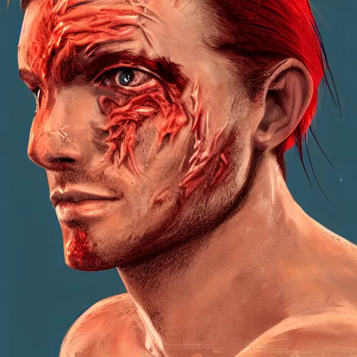 Prompt: portrait, 30 years old man :: red hair ponytail :: burned face, grimy, rough, shirtless :: high detail, digital art, RPG, concept art, illustration