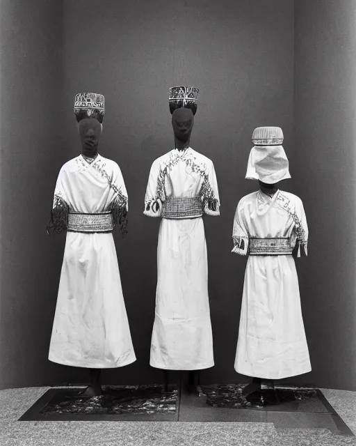 Image similar to Award winning reportage photo of Monegasque Natives traditional garb on museum Manniquins by Dian Arbus, 85mm ND 5, perfect lighting, gelatin silver process