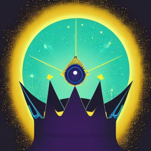 Image similar to a glowing crown sitting on a table with one large beautiful eye on top of it like a jewel, stars on top of the crown, night time, vast cosmos, geometric light rays exploding outwards into stars, sharp bold black lines, flat colors, minimal psychedelic 1 9 5 0 s poster illustration