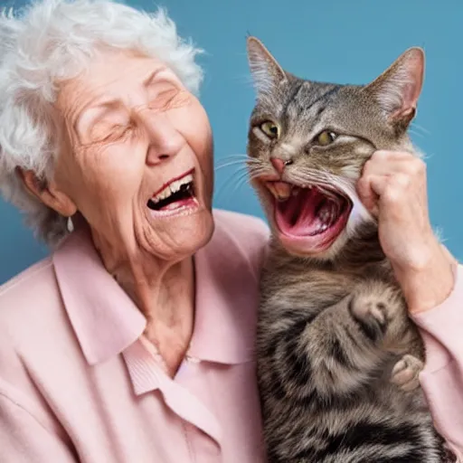 Prompt: an old woman opening her mouth extremely wide and a cat jumping into it