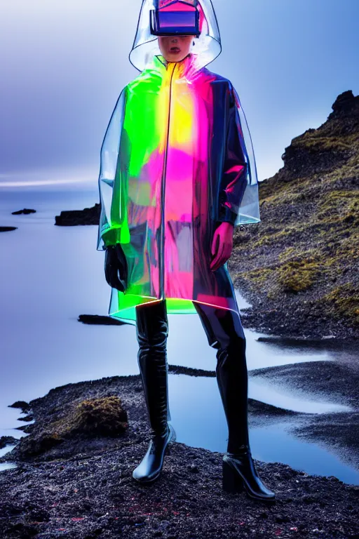 Image similar to an ultra high definition professional high fashion portrait studio full length photograph of a model wearing a transparent pearlescent raincoat and neon visor in an icelandic black rock environment at dawn. no artefacts. extremely detailed. stark. refraction. shallow depth of field. volumetric light and shadow. ray tracing. light rays.