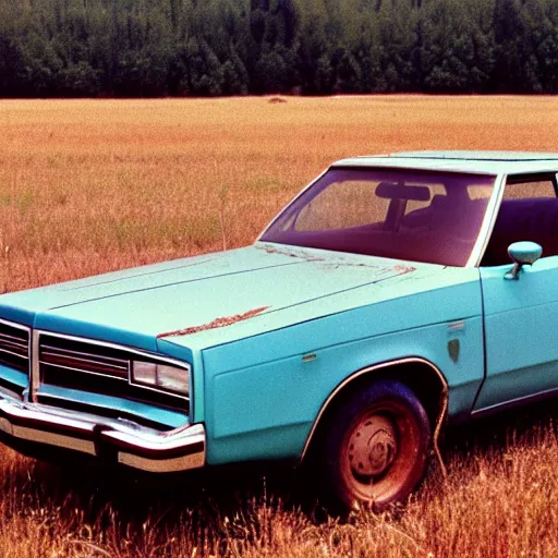 Prompt: A photograph of a $$$rusty$$$, worn out, broken down, beater Powder Blue Dodge Aspen (1976) in a farm field, photo taken in 1989