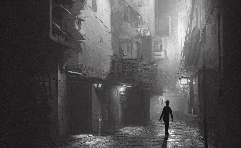 Image similar to dim lit, hongkong dark alley street with a man walking, depth of field, very atmospheric, matte painting, artstation