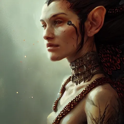 Prompt: portrait of an elven woman with small copper horns and copper scales covering her arm and neck, by greg rutkowski, trending on artstation, dungeon and dragons art