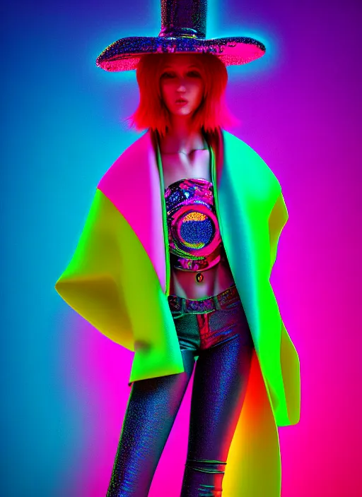 Image similar to coat for a rave, bright colors, many details, prints, photo for a magazine, photo for a store, fashion photography, Vogue, 135 mm, cinematic, hyper realism, high detail, octane render, 8k, chrome accents