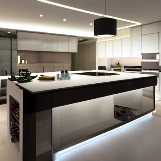 Prompt: modern kitchen with led strip lighting, homes and gardens, super detailed render, award winning
