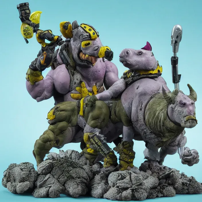 Image similar to a detailed figure of beebop and rocksteady, first 4 figures, detailed product photo