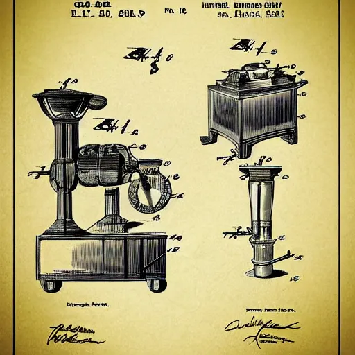 Image similar to plans for a horse - drawn coffee grinder in the style of thomas edison. patent filing. detailed. hd
