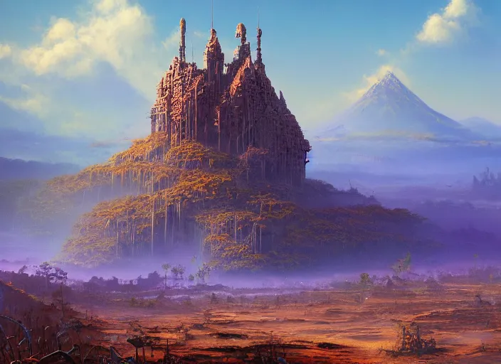 Prompt: The ash lands of Morrowind by Bruce Pennington, fantasy landscape, oil painting, 8k, featured on artstation, elegant, intricate