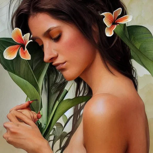 Image similar to Tropical Flowers, Watercolor, photorealistic, high resolution, award winning, trending on artstation, olive skin, long dark hair, beautiful bone structure, intricate, elegant, highly detailed, digital painting, artstation, concept art, smooth, sharp focus, illustration, art by artgerm and greg rutkowski and alphonse mucha