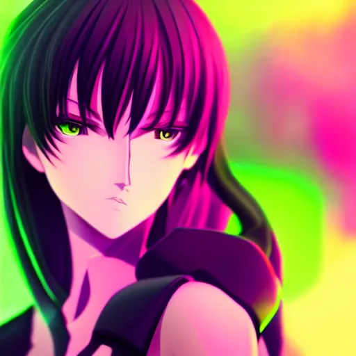 Image similar to Lelouch Lamperouge in a neon city, octane render 8k, atmospheric render, beautiful face, cute, realistic skin, beautiful eyes