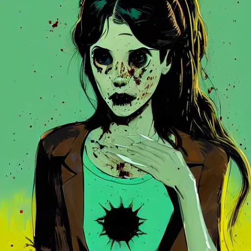 Image similar to Highly detailed portrait of a moody sullen punk zombie young lady with freckles by Atey Ghailan, by Loish, by Bryan Lee O'Malley, by Cliff Chiang, inspired by image comics, inspired by graphic novel cover art, inspired by papergirls !!!vivid green, brown, black, yellow and white paint spatter color scheme ((gradient grafitti tag brick wall background)), trending on artstation