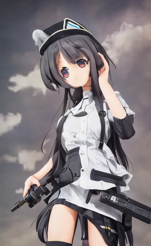 Prompt: toy photo, school uniform, portrait of the action figure of a girl, anime character anatomy, girls frontline style, collection product, dirt and smoke background, flight squadron insignia, realistic military gear, 70mm lens, round elements, photo taken by professional photographer, by shibafu, trending on instagram, symbology, 4k resolution, low saturation, empty hands, realistic military carrier