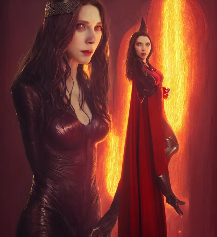 Prompt: Lucifer Morningstar as Scarlet Witch, portrait, full body, hyper detailed, digital art, trending in artstation, cinematic lighting, studio quality, smooth render, unreal engine 5 rendered, octane rendered, art style by klimt and nixeu and ian sprigger and wlop and krenz cushart