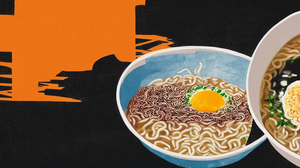 Image similar to an bowl of ramen, japan, a collage painting, in the style of wes anderson, lola dupre, david hockney, isolated on negative white space background dark monochrome neon spraypaint accents volumetric octane render