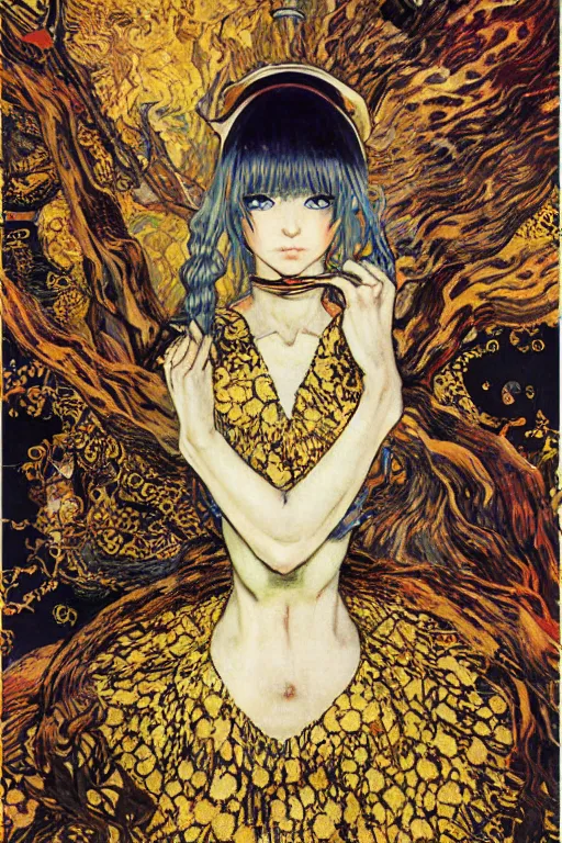 Image similar to Kirisame Marisa from touhou, official artwork, danbooru, by Karol Bak, Jean Deville, Gustav Klimt, and Vincent Van Gogh, Surreality, fractal structures, arcane, ornate gilded medieval icon