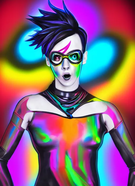 Prompt: full body abstract surreal weird digital drawing portrait of tracer overwatch, confident pose, full body, full body, wearing black jagged iridescent rainbow latex armor, rainbow, neon, 4 k, expressive surprised expression, makeup, wearing large rainbow neon choker, studio lighting, black latex, expressive detailed face and eyes,
