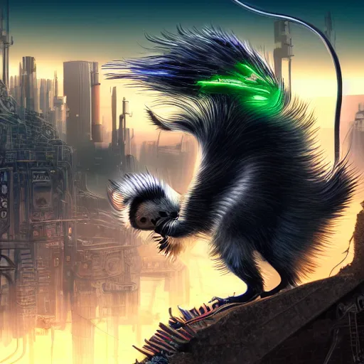 Image similar to a mechanical skunk cyborg polluting a post-apocalyptic city, digital art, highly detailed, intricate, sci-fi, neon colors, sharp focus, Trending on Artstation HQ, deviantart, unreal engine 5, 4K UHD image