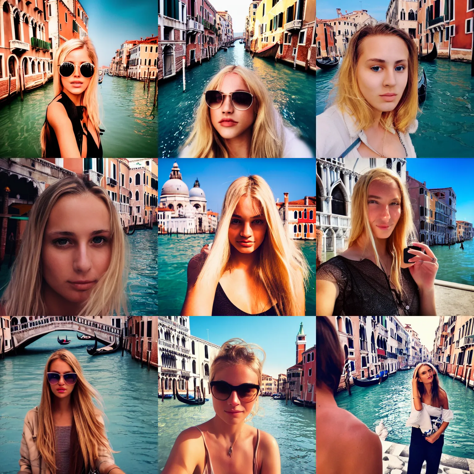 Prompt: venice travel selfie of young blonde model, instagram, iphone, hyperdetail, 8 k, very detailed