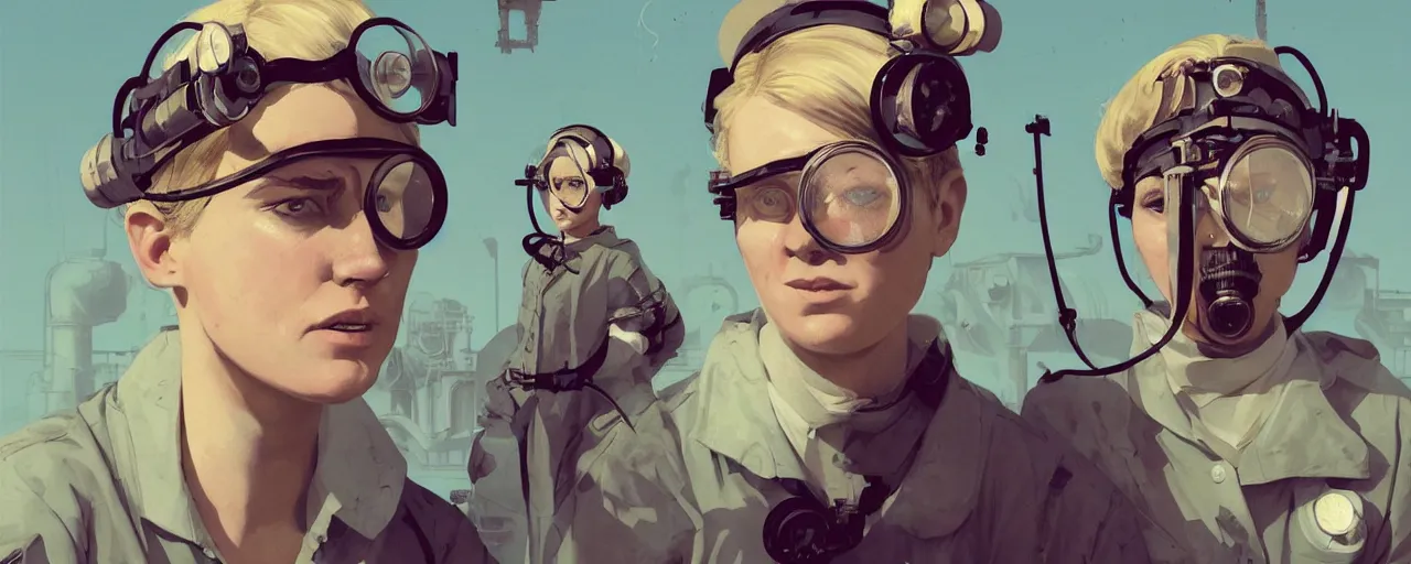 Image similar to illustration 3 / 4 portrait of stoic heroic emotionless butch blonde woman engineer with short slicked - back hair, wearing victorian goggles, no makeup, awkward and uncomfortable and anxious, dirty, dynamic composition by sachin teng and sergey kolesov and ron cobb. industrial space program, scifi, hyper detailed. octane render. concept art. trending on artstation