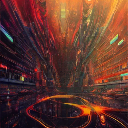 Image similar to beautiful painting of the arterial complex of a glitched alien metropolis in the style of Francis Bacon, Karol Bak, Daturahex and Jesse Kanda. Dark background, detailed, trending on Artstation