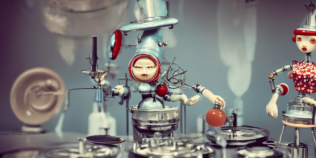 Image similar to closeup portrait of tin toy retro robot mad scientists cooking pastry in a kitchen, depth of field, zeiss lens, detailed, centered, fashion photoshoot, by nicoletta ceccoli, mark ryden, lostfish, breathtaking, 8 k resolution, extremely detailed, beautiful, establishing shot, artistic, hyperrealistic, octane render