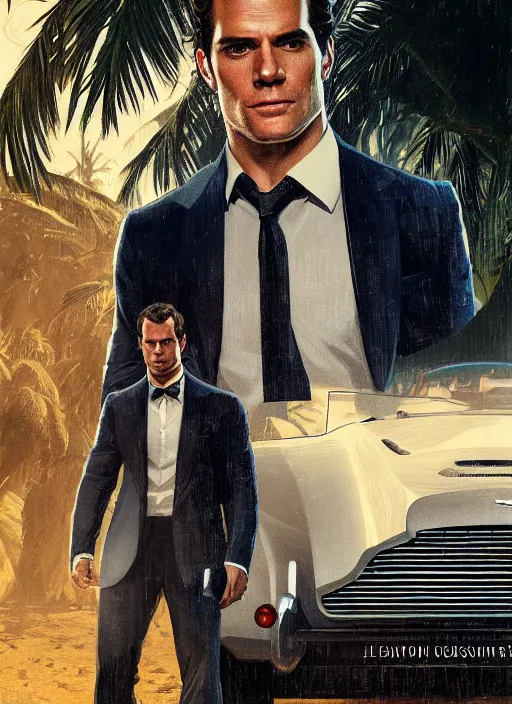 Image similar to portrait of henry cavill as james bond, key art, palm trees, vintage aston martin, highly detailed, digital painting, artstation, concept art, cinematic lighting, sharp focus, illustration, by gaston bussiere alphonse mucha