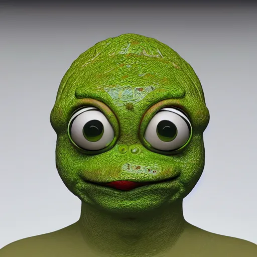 Image similar to clay head of pepe the frog, 3d sculpture, textured, fine detail, lifelike, photo, high resolution