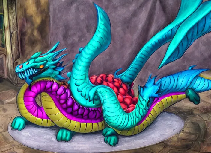 Image similar to The majestic rubber dragon has been punctured, and is now slowly deflating! Fantasy painting, colorful, somber, sorrowful