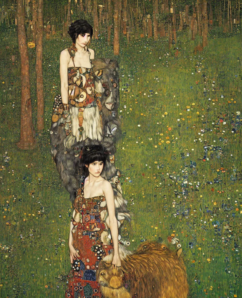 Image similar to portrait of fierce Princess Mononoke, fully clothed in armor, lush forest landscape, painted by Gustav Klimt, norman rockwell, james gurney, denoised, sharp, architectural