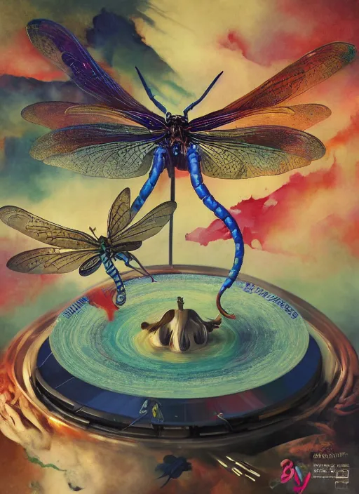 Image similar to surreal gouache painting, by yoshitaka amano, by ruan jia, by Conrad roset, by good smile company, detailed anime 3d render of a magical Dragonfly flying over a Mushroom on a DJ Mixer, Vinyl deck, controller, portrait, cgsociety, artstation, rococo mechanical and Digital and electronic, dieselpunk atmosphere