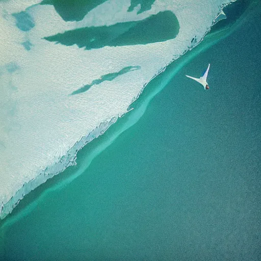 Image similar to aerial expired kodak portra film photograph of flying creature casting shadows over the artic coast