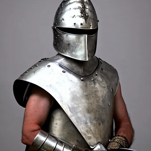 Image similar to a masked warrior in silver armour, wearing a tall, conical helmet clutching a sword