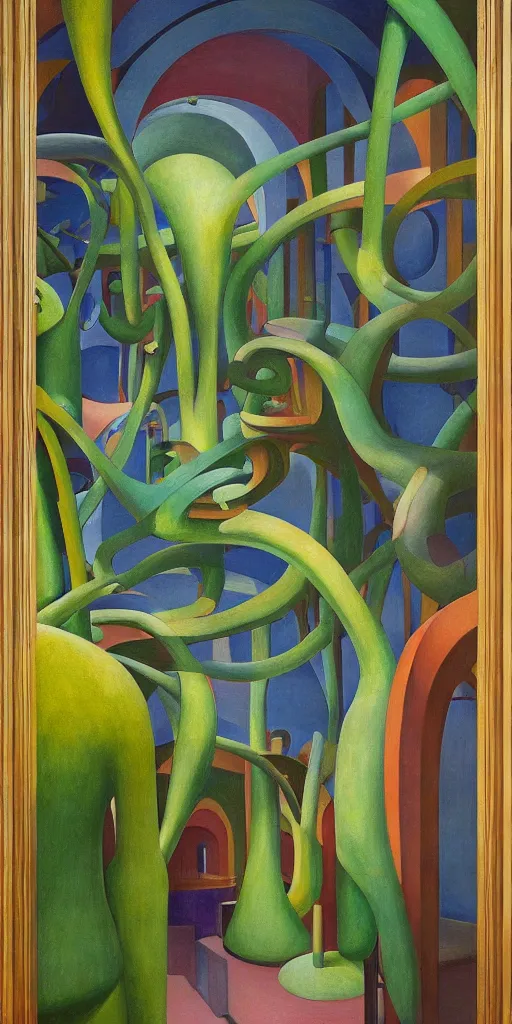 Prompt: fantastical biomorphic atrium, grant wood, pj crook, edward hopper, colorful, oil on canvas