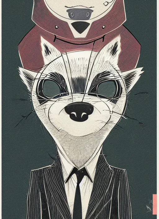 Image similar to an illustration portrait of an anthropomorphic raccoon mob boss, by victo ngai, by stephen gammell, by george ault, in the style of animal crossing, artstation