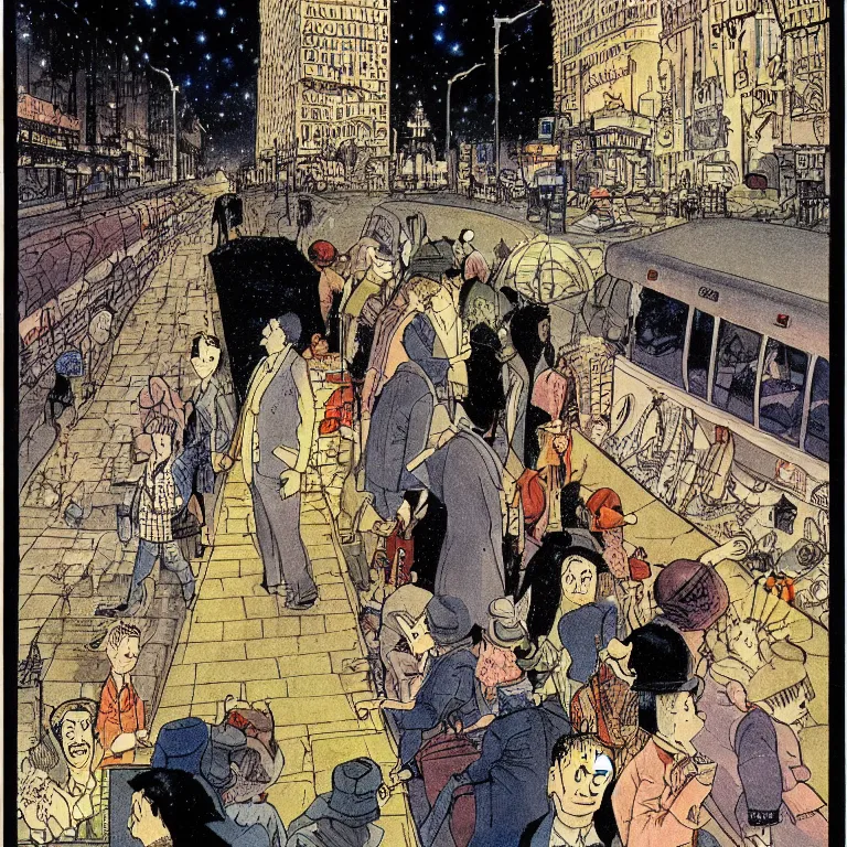 Image similar to some people waiting in bus stop in quiet dark city night, detailed, high quality, high resolution, color illustration by Winsor McCay little nemo