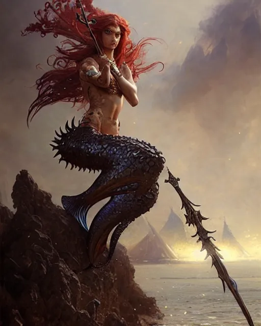 Image similar to a fierce mermaid warrior, fantasy character portrait, ultra realistic, concept art, intricate details, highly detailed by greg rutkowski, gaston bussiere, craig mullins, simon bisley