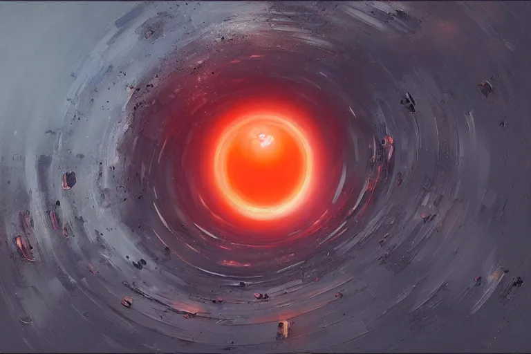 Image similar to a beautiful oil painting of the event horizon of a black hole, orange, warping, detailed, beautiful, awe - inspiring, bright, by greg rutkowski, trending on artstation