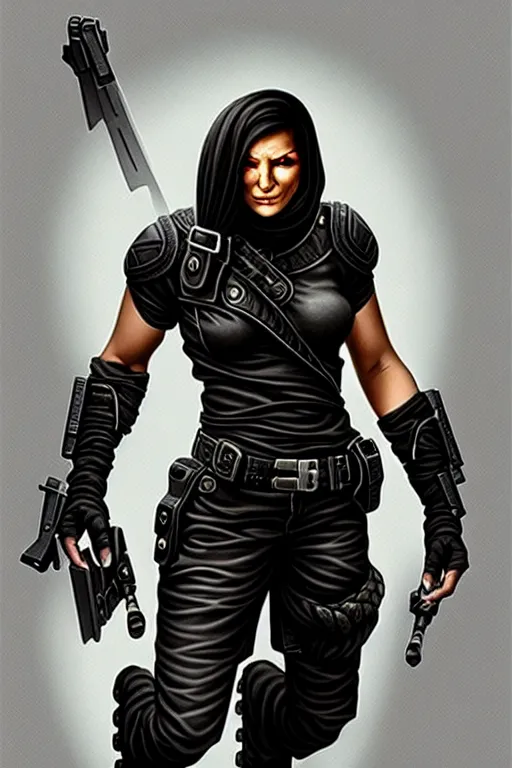 Prompt: gina carano as a shadowrun ork with prothesis metallic left arm, casual black clothing, muscular, realistic proportions, casual pose, large portrait, sci - fi, rpg character, digital painting, artstation, concept art, smooth, 8 k frostbite 3 engine, ultra detailed, art by artgerm and greg rutkowski and magali villeneuve