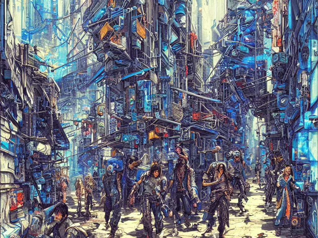 Image similar to a cyberpunk gang in the alleyway between buildings, graffiti, fine detail, intricate, polished, smooth, ultradetailed, blue color scheme, digital art, illustration, impressionist, by john smith and noriyoshi ohrai and george luks