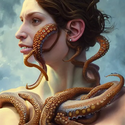 Image similar to portrait painting of octowoman, half man, half octopus, ultra realistic, concept art, intricate details, extremely detailed, photorealistic, octane render, 8 k, unreal engine. art by artgerm and greg rutkowski and alphonse mucha