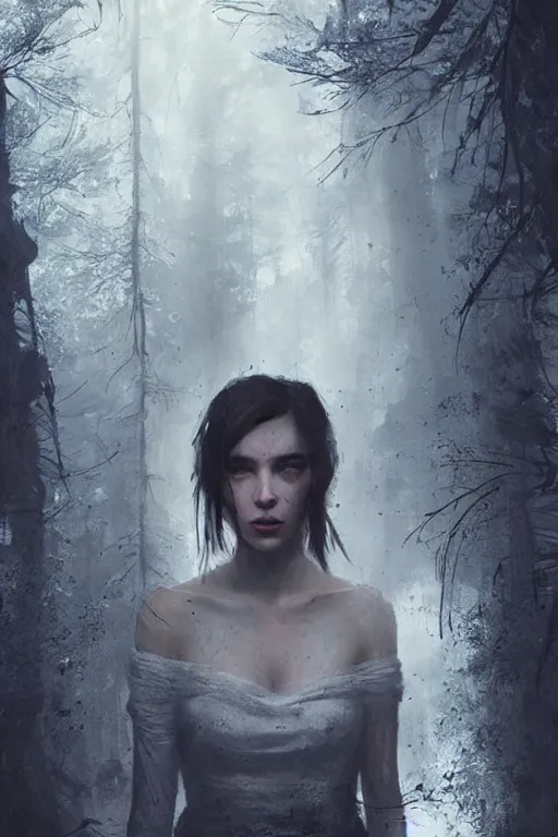 Prompt: portrait of a young woman, covered in cobwebs, dramatic lighting, cinematic, dark forest, head and shoulders, greg rutkowski