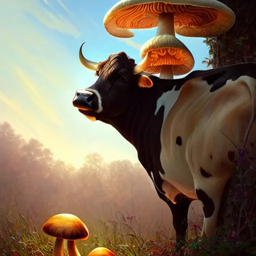 Image similar to long shot photo of a cow with mushrooms sprouting from it's back and top, highly detailed, digital painting, artstation, smooth, sharp focus, illustration, art by artgerm and greg rutkowski and alphonse mucha