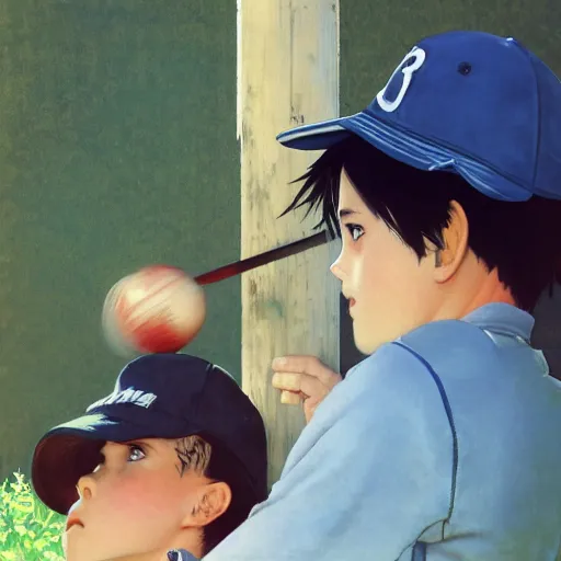 Image similar to a summer day. A teen boy with black hair is wearing a baseball cap and outfit and swinging his baseball bat. Norman Rockwell. Makoto shinkai. Kuvshinov ilya.