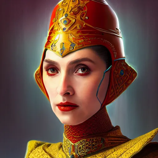 Prompt: portrait of Queen Amidala in the style of Sergeant and Ruan Jia, trending on artstation, high detail, 8k