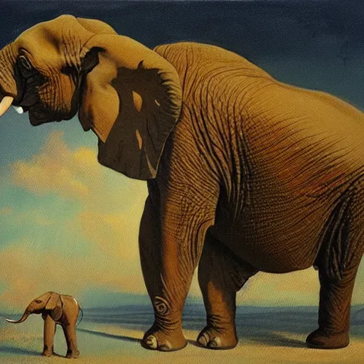 Image similar to A painting of a lonely creature with an elephant body and a crocodile's tail