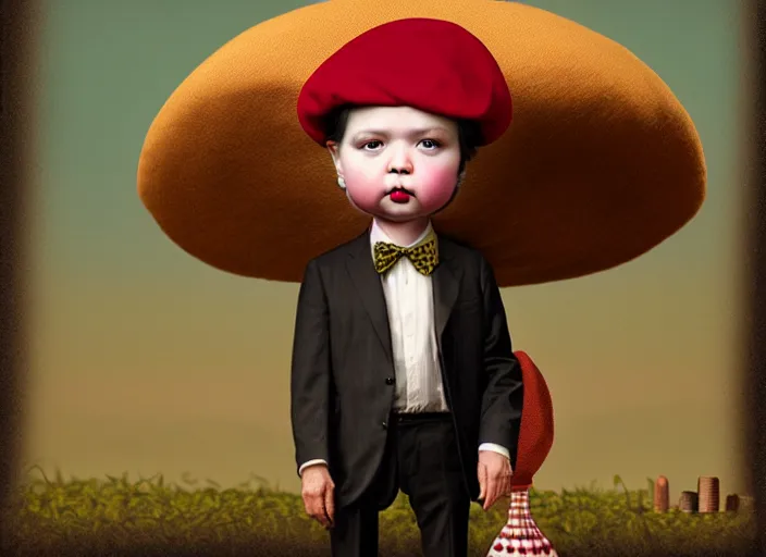 Image similar to a peanut wearing beret and suit, lowbrow, matte painting, 3 - d highly detailed, in the style of mark ryden,