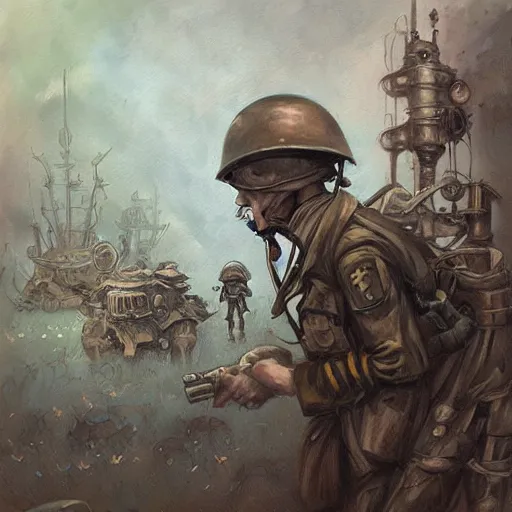 Prompt: wwii, steampunk, oil painting. by tony sandoval